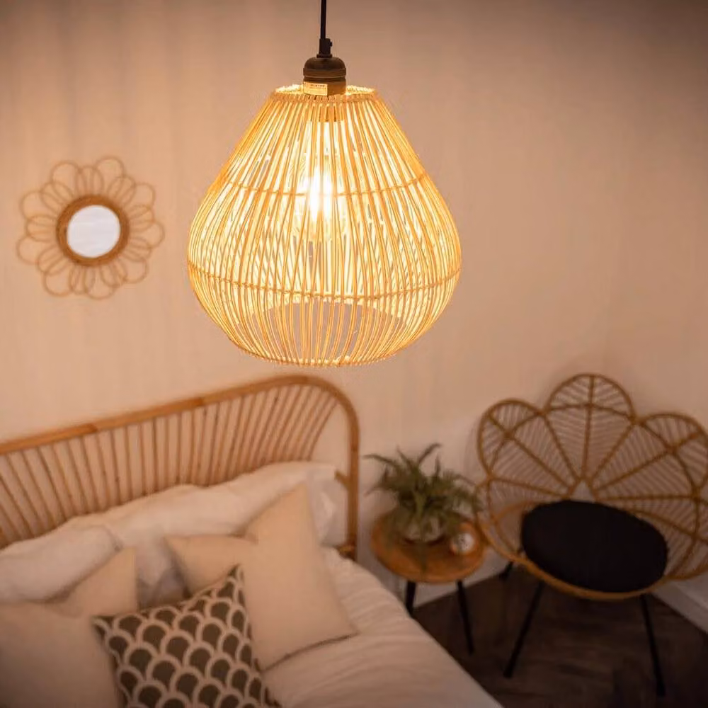 FORGEVIO Teardrop Easy Fit Ceiling Lampshade in Natural Brown Rattan and Fabric – 2