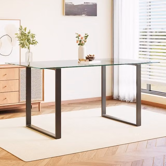 Livingandhome Modern Rectangular Dining Table with Transparent Tempered Glass Top and Black Lacquered Sled Base