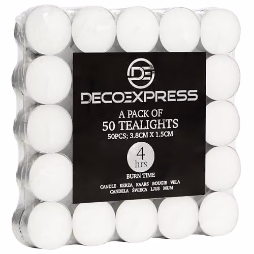 Deco Express Unscented White Tealight Candles, 4 Hour Burn Time, Pack of 50 – 1