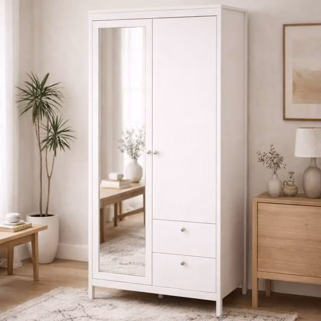 Wyld Haus Gossmere 2 Door Wardrobe with Mirror and 2 Internal Drawers in White Hickory – 1