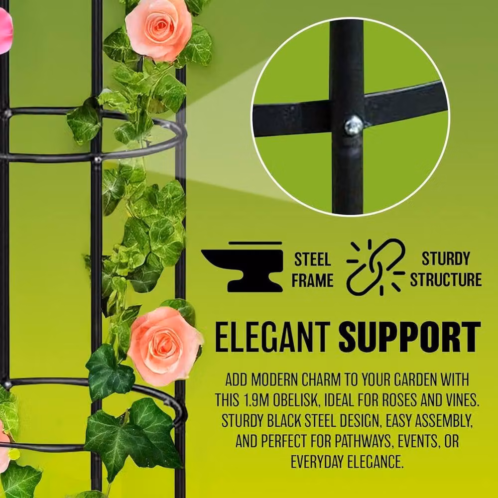 BARGAINS-GALORE Black Metal Garden Obelisk Plant Support with Tub, Height: 190 cm – 3