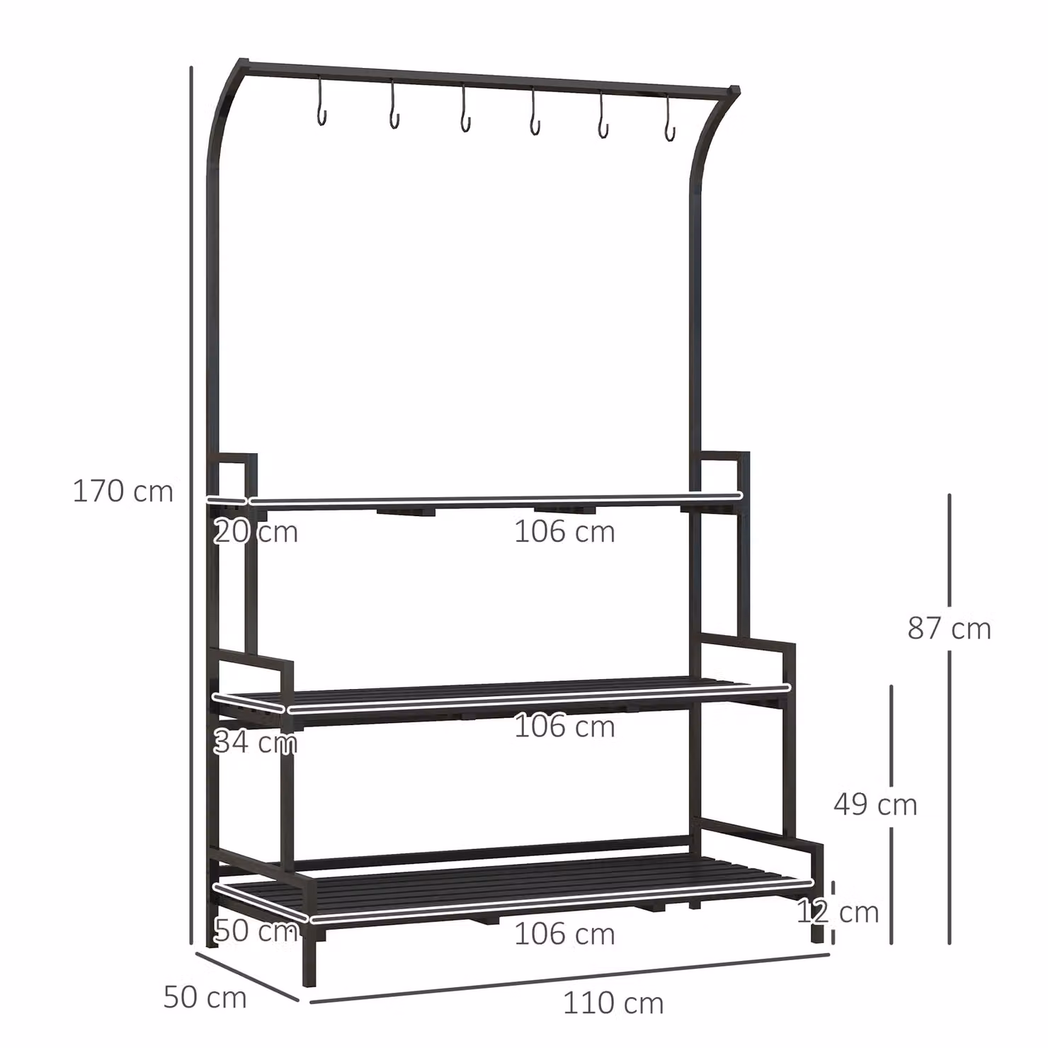 Outsunny 3 Tiered Plant Rack with Hanging Hooks in Black, H 170 x W 110 x D 30 cm – 3