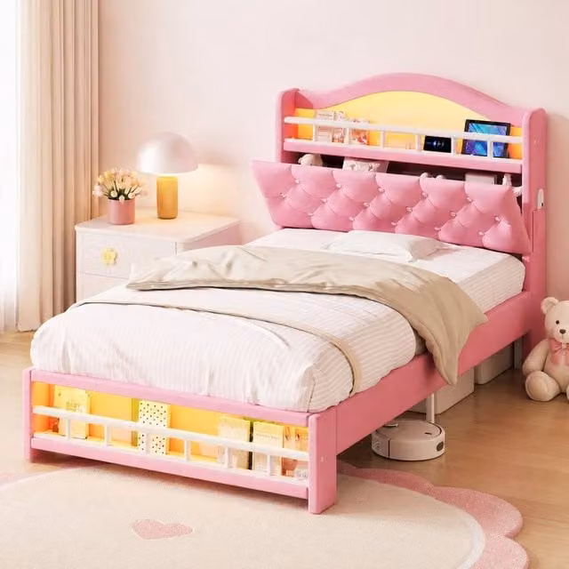 Merax Pink Velvet Upholstered Single Bed Frame with LED Under-Bed Lighting, USB Charging Port and Bedside Shelf, W/D/H: 90 x 190 x 117 cm