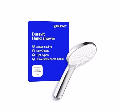 Duravit Universal Round Hand Shower with 3 Jet Types and Water-Saving MinusFlow Function, Chrome/White, Diameter: 11 cm – 1
