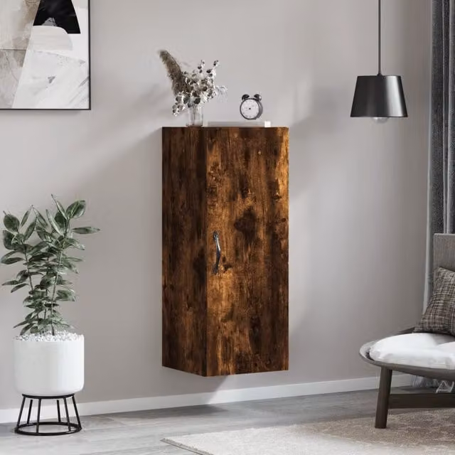 Berkfield Home Wall Mounted Smoked Oak Cabinet in Brown, W/D/H: 34.5 x 34 x 90 cm