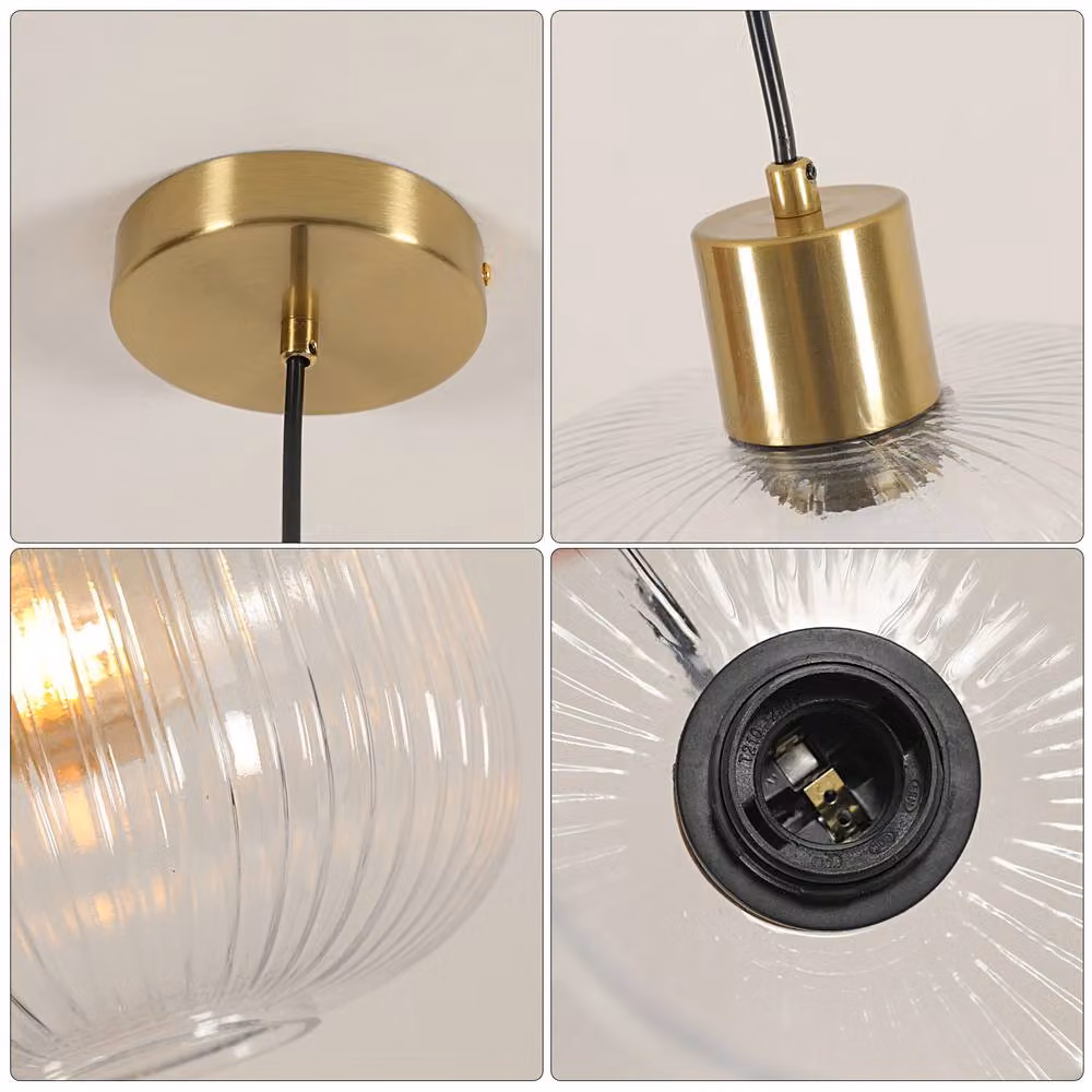 Goeco Modern Round Glass Pendant Light with Transparent Ribbed Shade and Gold Finish – 4