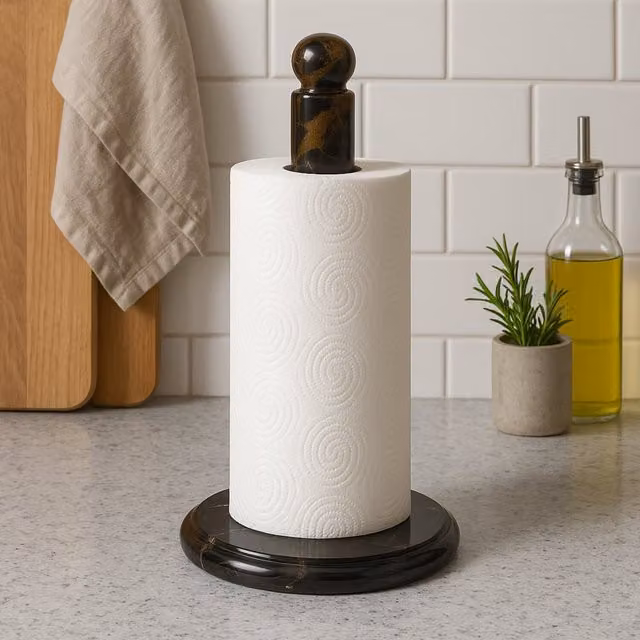 Orsina Freestanding Ceramic Marble Kitchen Roll Holder in Black, Gold and White with Weighted Non-Slip Base, W/D/H: 15.0 x 15.0 x 32.0 cm