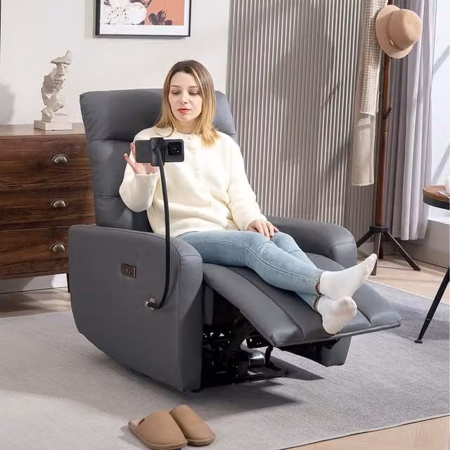 HOMCOM Electric Recliner Armchair with USB A and C Ports and Phone Holder in Grey Synthetic Leather