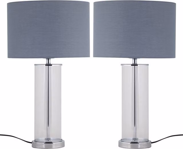First Choice Lighting Set of 2 Aura Chrome Table Lamps with Grey Fabric Shades