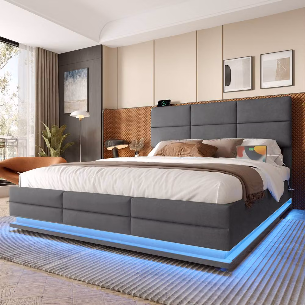 Matteo Velvet Upholstered King Size Bed Frame with Storage, LED Lighting and USB Charging Port in Grey, W: 180 cm, L: 200 cm – 5
