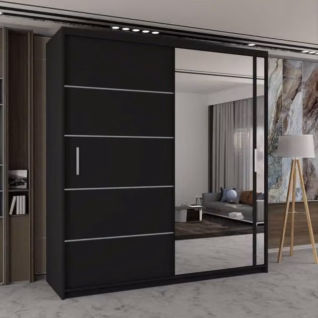 Sliding Wardrobes 4U Modern Double Sliding Wardrobe with Integrated LED Lighting in Black, W150 x H217 x D62 cm