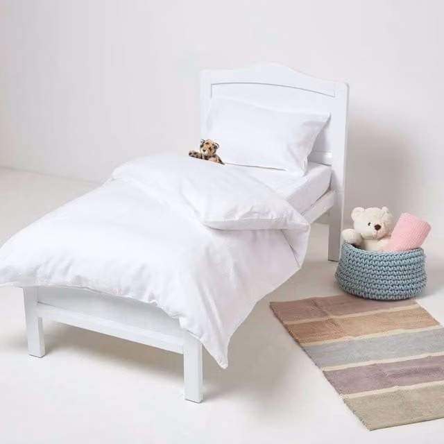 Homescapes White Linen and Combed Cotton Childrens Cot Bed Duvet Cover Set with Pillowcase (40 x 60 cm)