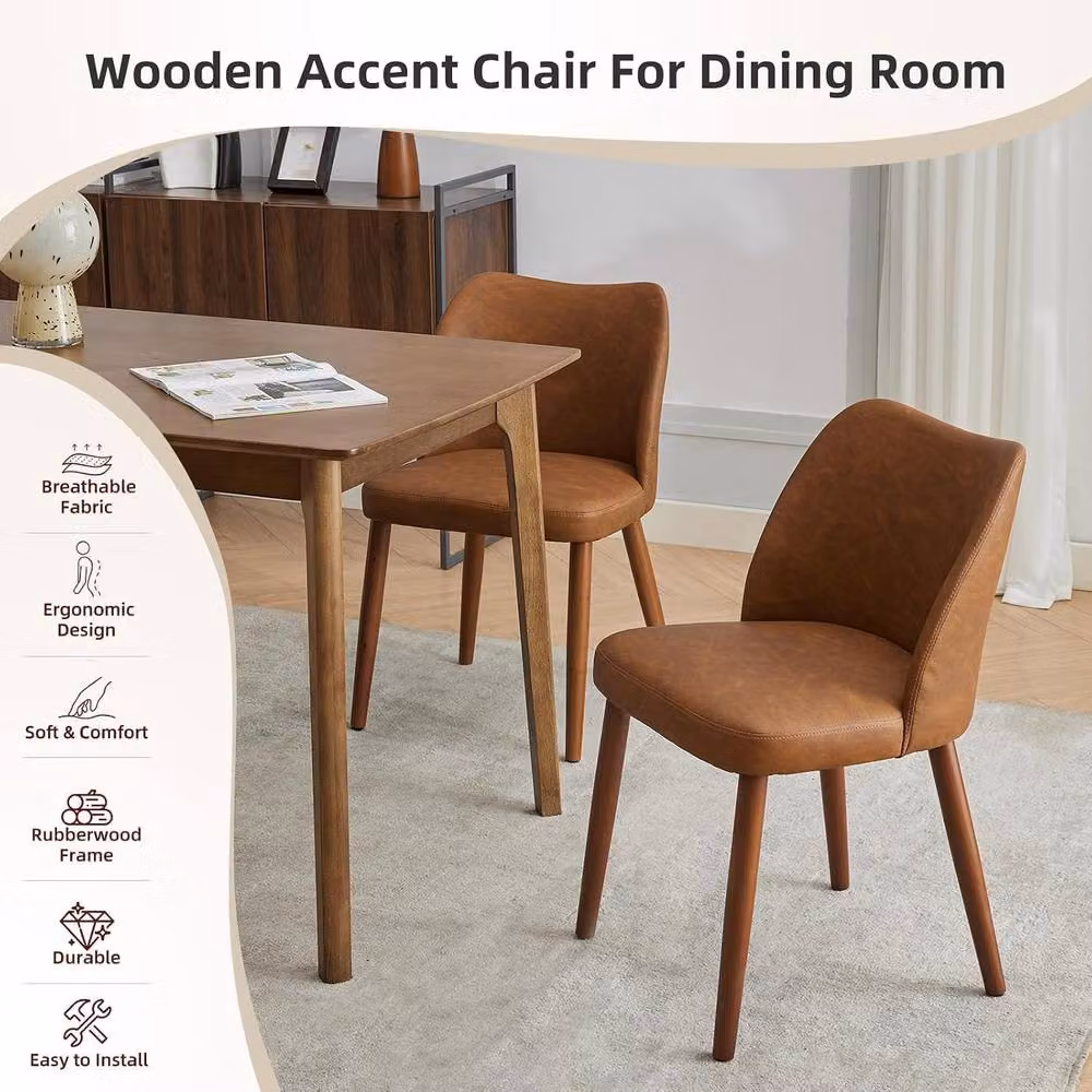 London Boutique Set of 4 Modern Upholstered Dining Chairs in Brown Synthetic Leather – 4