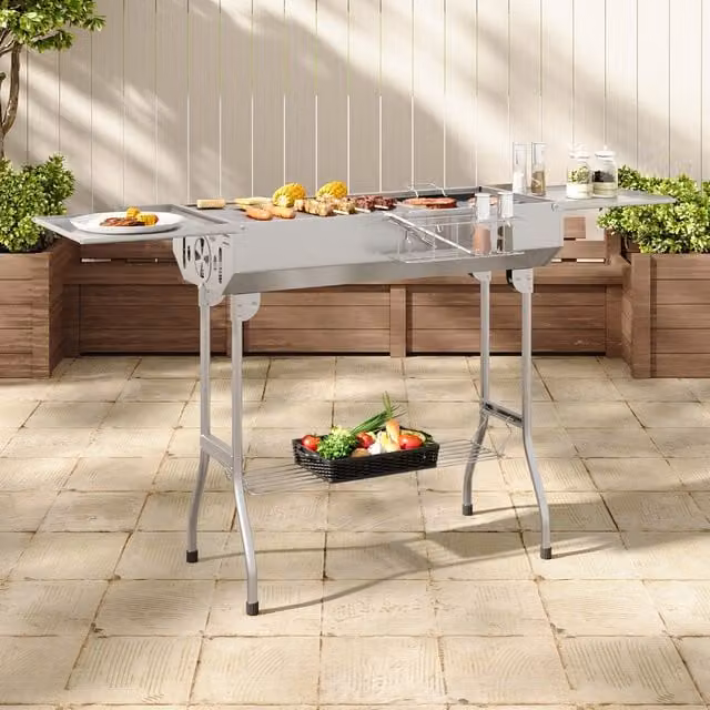 Livingandhome Portable Charcoal BBQ Cart, Silver