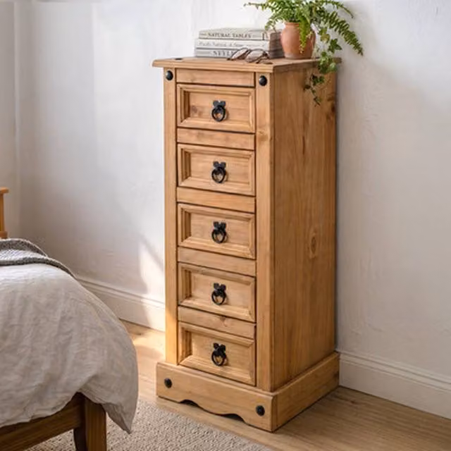 NESTLUNE 5 Drawer Brown Pine Wood Chest of Drawers and Narrow Bedside Cabinet, W: 100 cm, D: 15 cm, H: 15 cm – 1