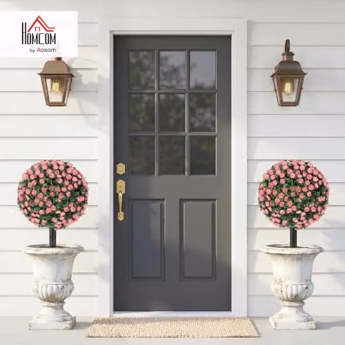 HOMCOM Set of 2 Pink Artificial Rose Topiary Trees, UV-Resistant Round Floral Plants, Height: 55 cm, Width: 30 cm, Depth: 30 cm – 2
