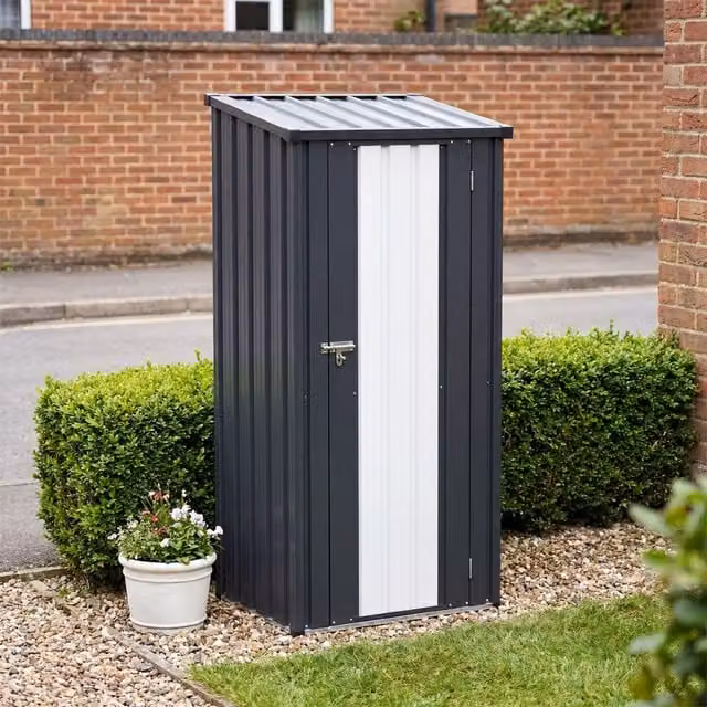 Breeins Metal Garden Storage Cabinet with Lockable Hinged Doors and Internal Shelves, Grey and White, W: 81 cm, D: 79 cm, H: 79 cm