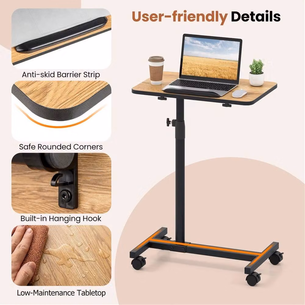 VOGREX Brown Tilting Overbed Table with Height Adjustable Top and Lockable Castors – 3
