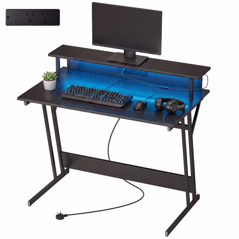 Rolipo Two-Level LED Gaming Desk in Black with Matt MDF Laminate and Metal Frame – 2