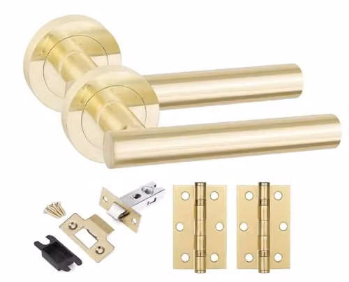 Golden Grace Straight T-Bar Door Handle Latch and Hinge Set in Gold Brass