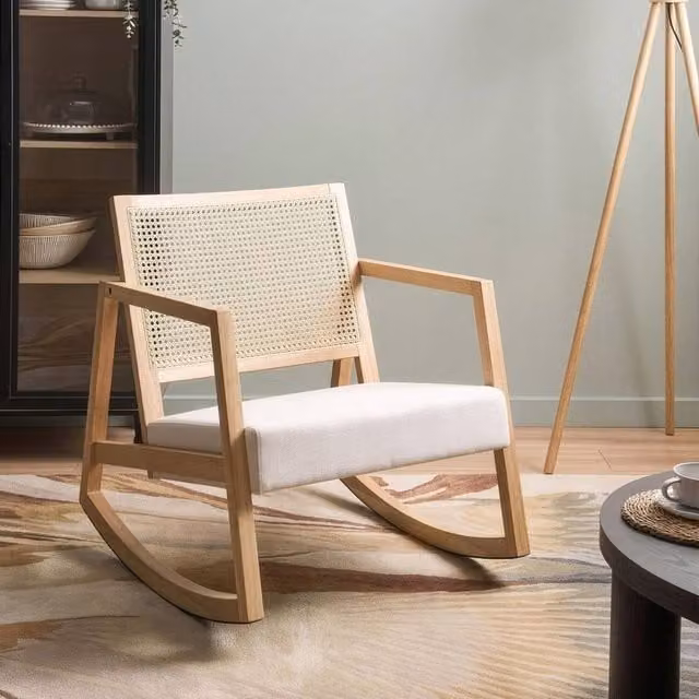 Wyld Haus Rocking Armchair with Braided Backrest in Beige Fabric and Rubberwood Frame – 1