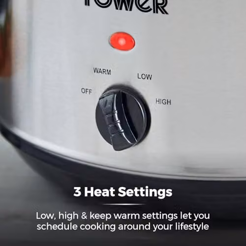 Tower Slow Cooker in Silver with 6.5L Capacity, 3 Heat Settings and Dishwasher Safe Parts – 3