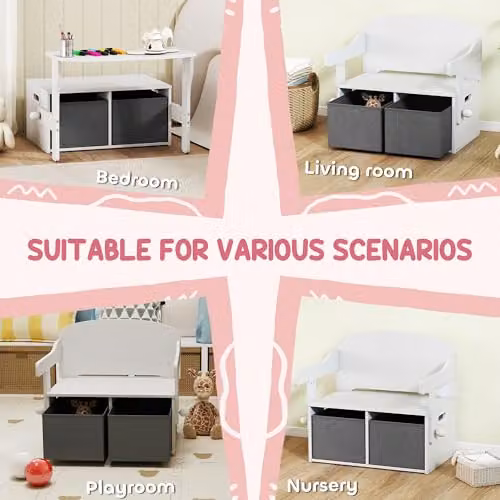 AIYAPLAY 3 in 1 Kids Storage Bench with 2 Removable Fabric Bins, White, W/D/H: 56.7 x 46.5 x 46.5 cm – 2