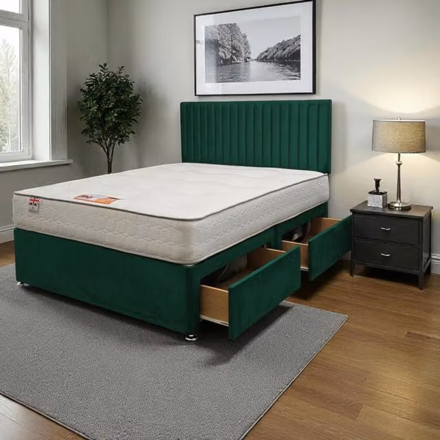 Knight Sleep Modern Upholstered Hybrid Bed Frame and Headboard with Drawers in Green or Grey, W/D/H: 120 x 200 cm