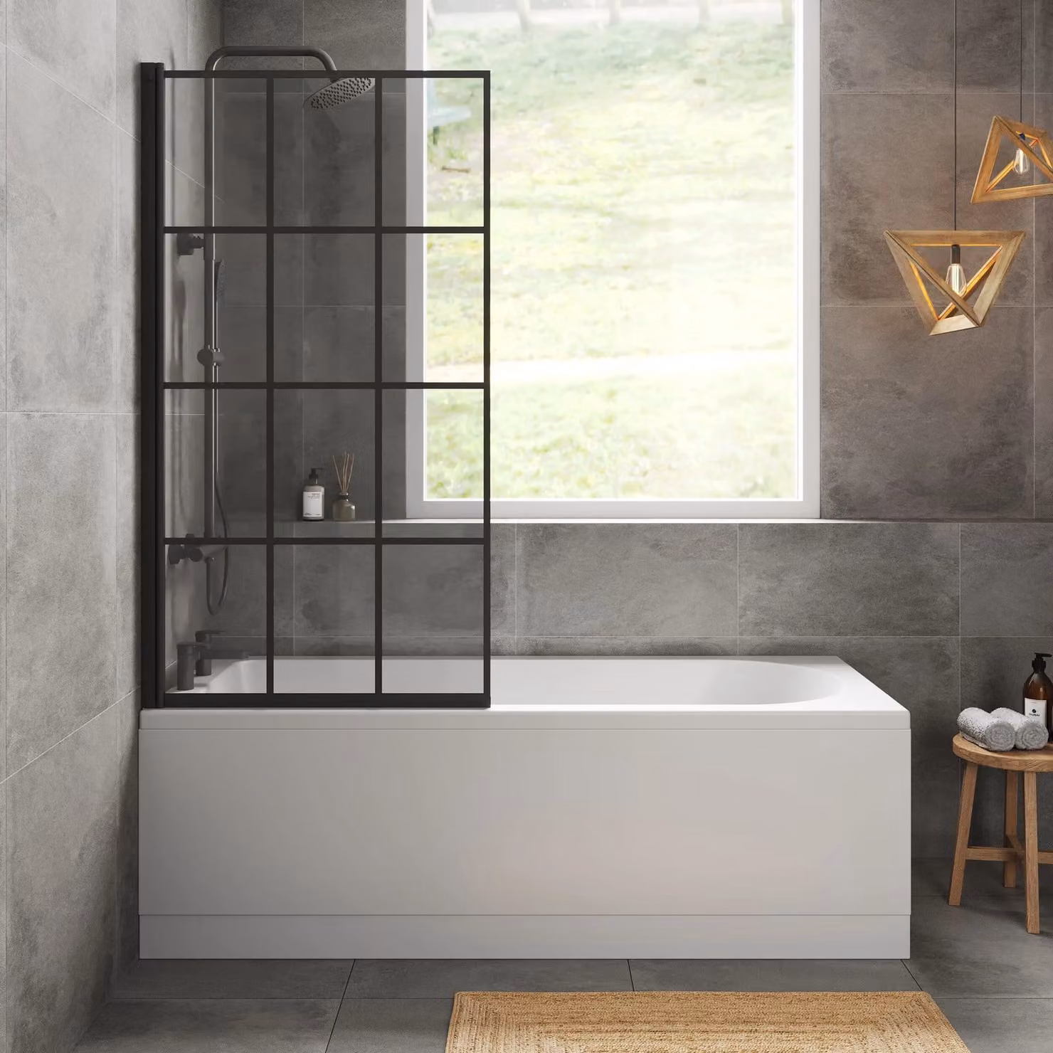 Balterley Round Floor Standing Bath Set in White with Black Square Screen and Chrome Waste, W: 170 cm, D: 70 cm – 1