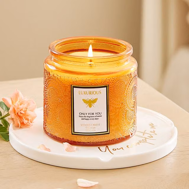 Livingandhome Citrus Green Fruit Scented Soy Wax Tabletop Candle in Green and Orange Glass