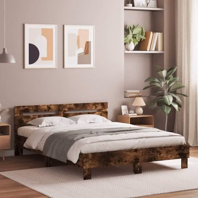 Berkfield Home Modern Bed Frame with LED Under-Bed Lighting and USB Charging Port in Smoked Oak Brown, W/D/H: 140 x 190 cm – 1