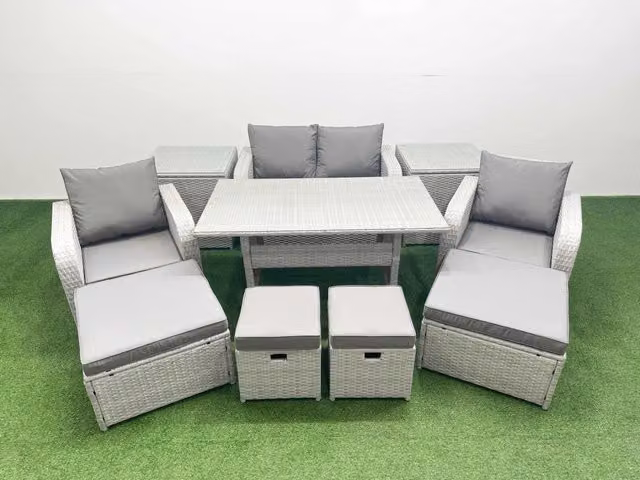 Fimous 8 Seater PE Rattan Garden Furniture Set in Light Grey with Upholstered Cushions and Coffee Table