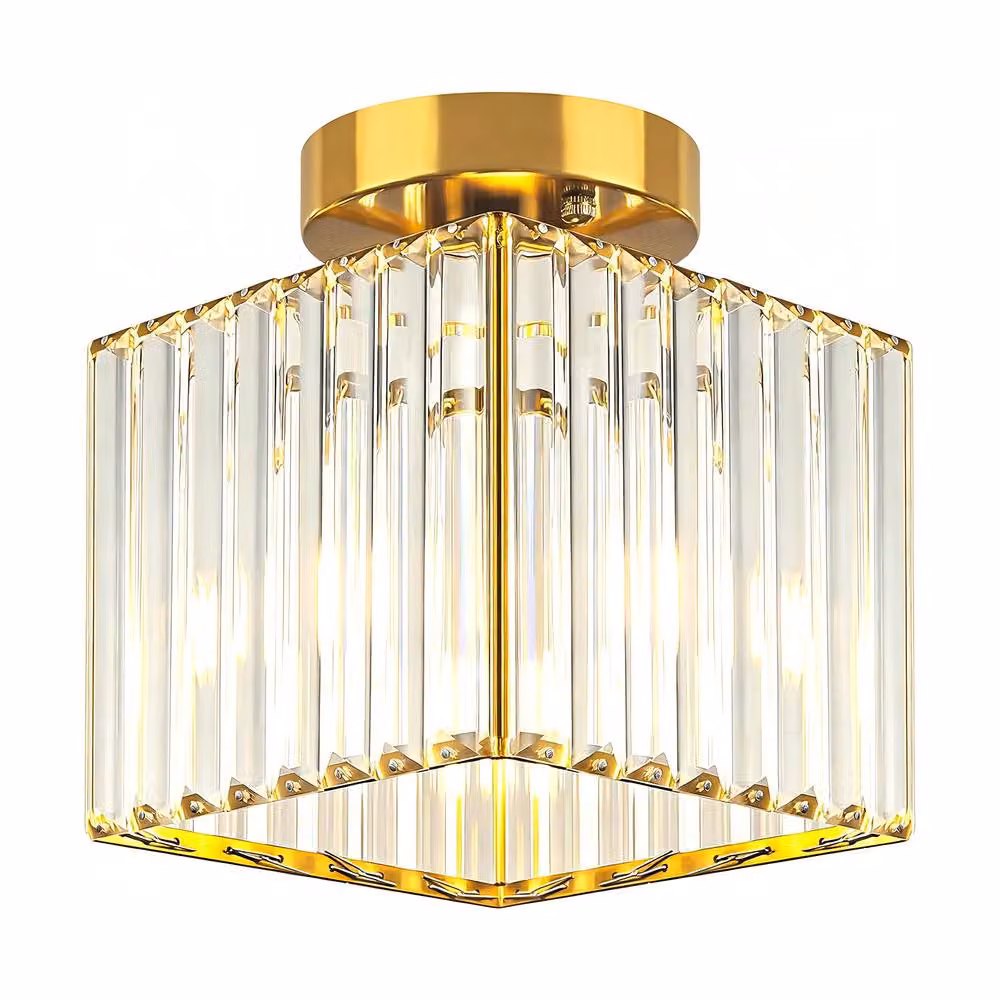INMTFEI Square Modern Gold Metal and Transparent Crystal Semi-Flush Mount Ceiling Light – 2