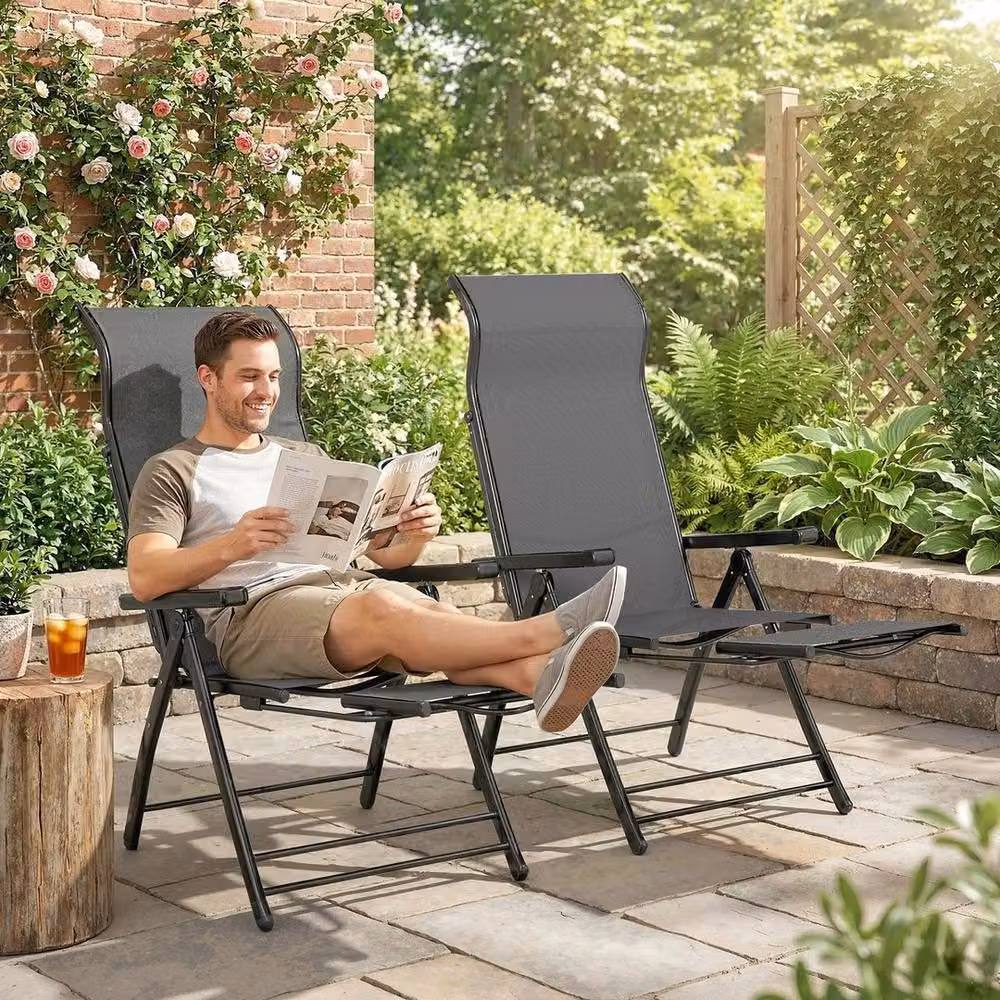 NESTLUNE Set of 2 Folding Reclining Garden Chairs in Grey with Adjustable Headrest and Armrests – 3