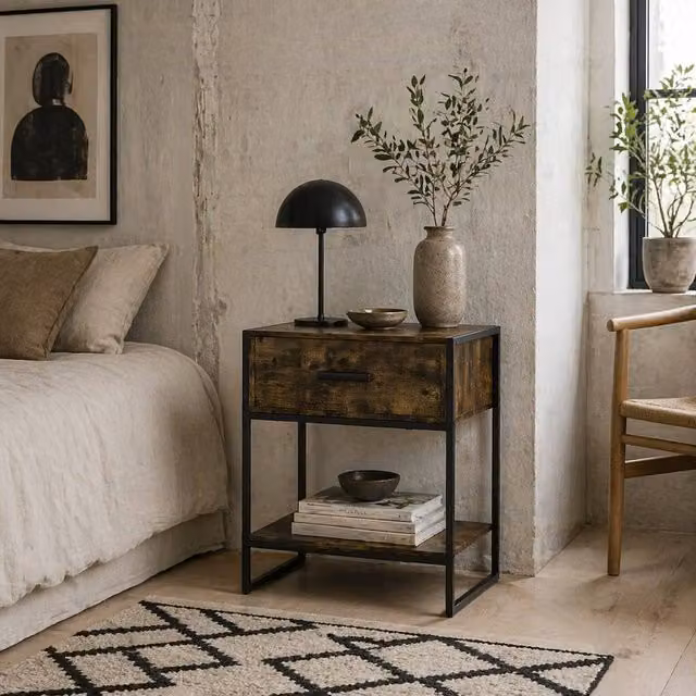 Wyld Haus Likeli Rustic Brown Bedside Table with Drawer and Bottom Shelf, W/D/H: 40 x 40 x 60 cm – 1