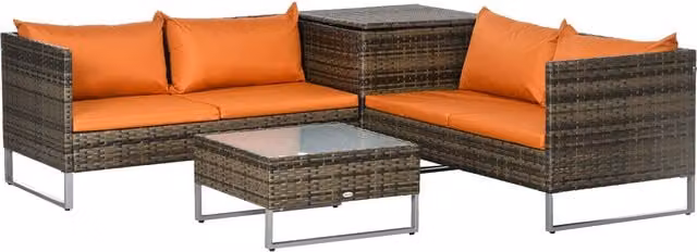Outsunny 4-Piece Rattan Wicker Patio Furniture Set with Corner Sofa, Love Seat, Table and Orange Cushions – 1