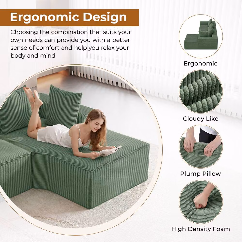 Dprodo Green Corduroy Right L-Shaped Modular Sofa with Scatter Cushions, Width: 320 cm – 6