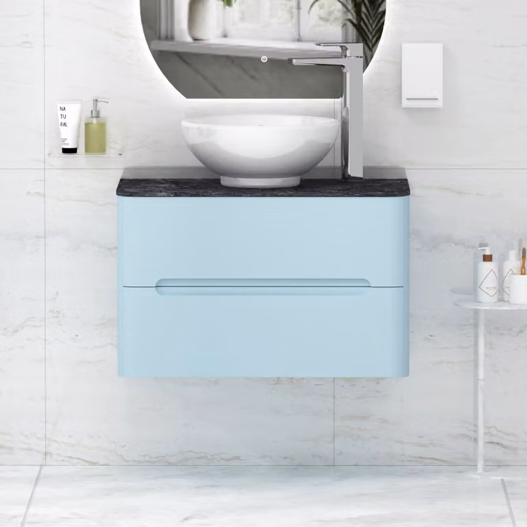 Royal Bathrooms Venice 800mm Wall Hung Vanity Unit with 2 Drawers and Breeze Basin in Powder Blue and Black Star Worktop
