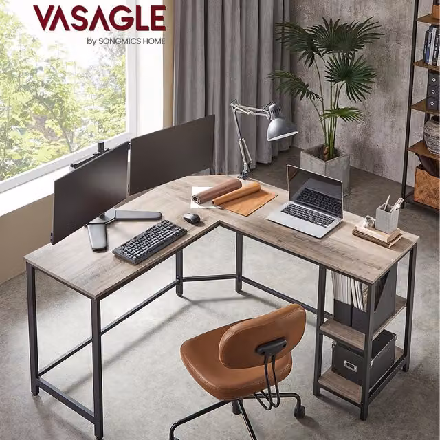 VASAGLE Industrial L-Shaped Corner Desk with Removable Storage Shelves in Brown
