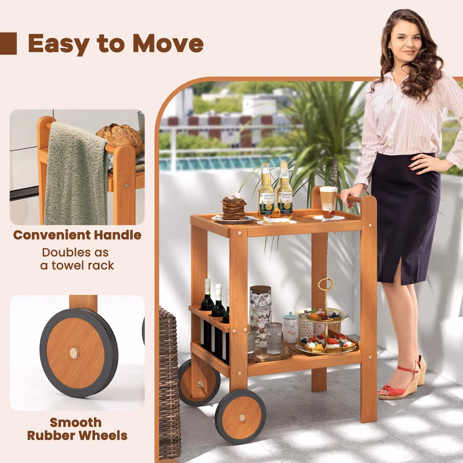 Gymax 2-Tier Wood Rolling Bar Cart with Wine Bottle Holders in Beige and Brown – 5