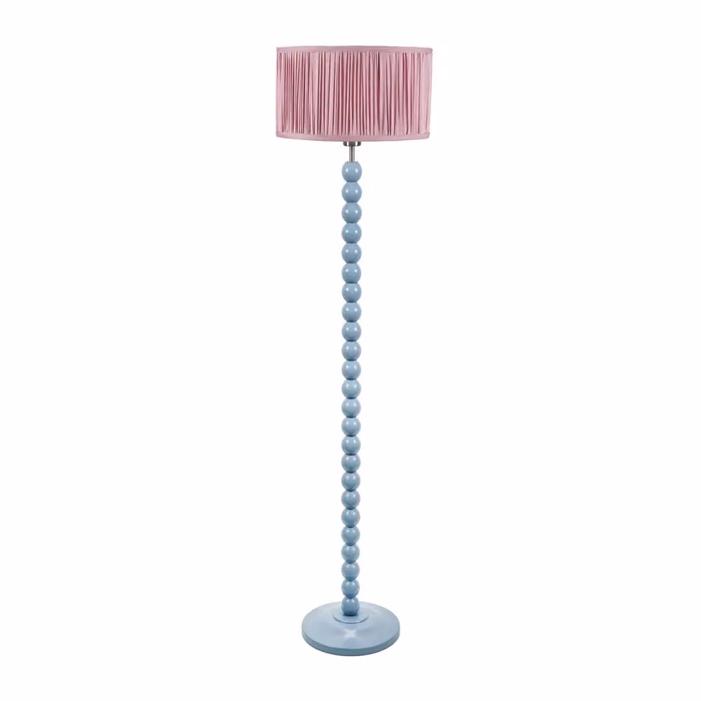 ValueLights Bobbins Powder Blue Floor Lamp with Blush Pink Ruched Pleated Fabric Shade and LED Bulb – 2