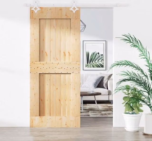 Berkfield Home Rustic Solid Wood Pine Sliding Door with Hardware Set, Brown, W: 90 cm, H: 210 cm