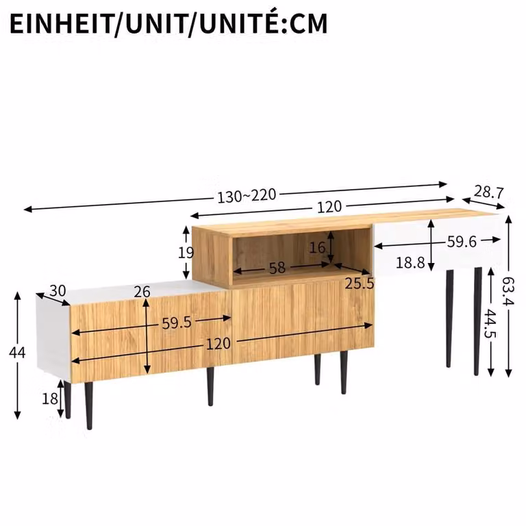 KORVIXA Modern TV Stand in White, Black and Multicolour, W/D/H: 100 x 63.5 x 30 cm