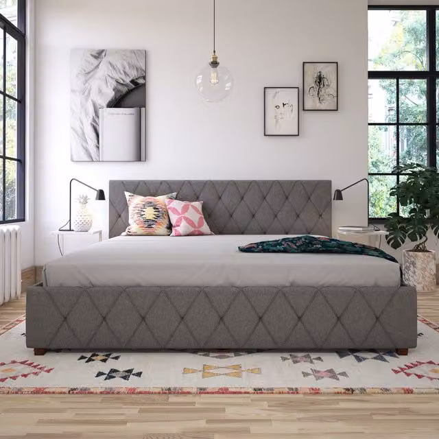 CosmoLiving CL Elizabeth Upholstered Storage Bed with Drawers, Grey, W/D/H: 180 x 200 cm