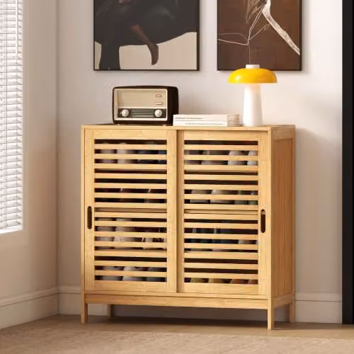 HOMCOM Bamboo Shoe Cabinet with 2 Sliding Slat Doors in Natural, W/D/H: 80 x 35 x 80 cm – 5