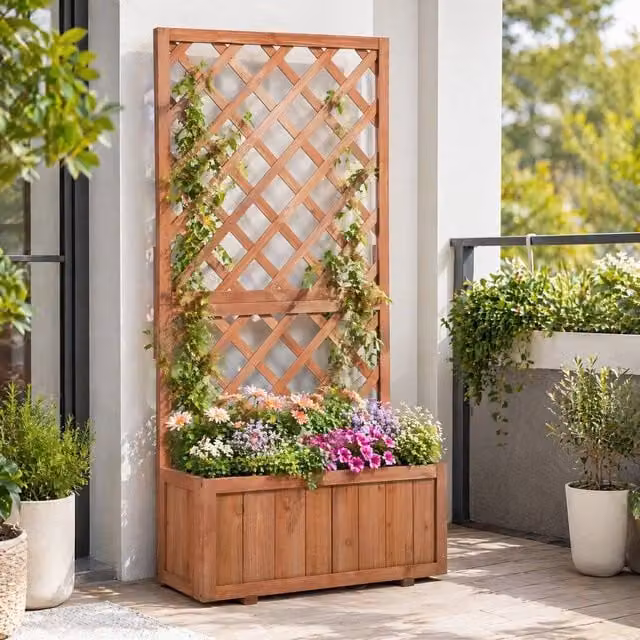 STILVORA Wooden Planter with Trellis in Natural and Orange