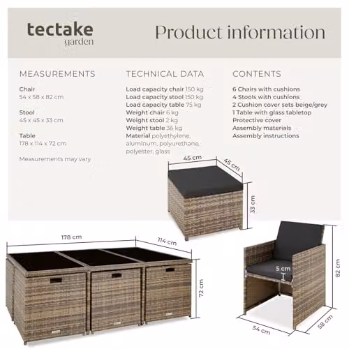 tectake Polyrattan Garden Furniture Set with Aluminium Base, Including 6 Dining Chairs, 1 Table and 4 Stools, Natural – 6