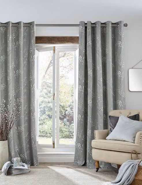 Laura Ashley Pussy Willow Floral Eyelet Curtains, Grey, W: 168 cm, H: 137 cm