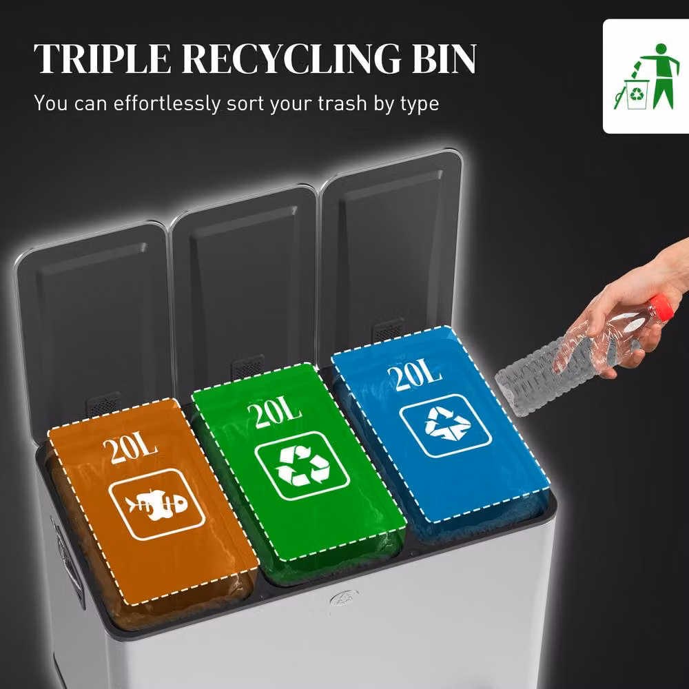 HOMCOM Triple Kitchen Pedal Bin with Odour Filter, 3 x 20L, Silver Stainless Steel – 2