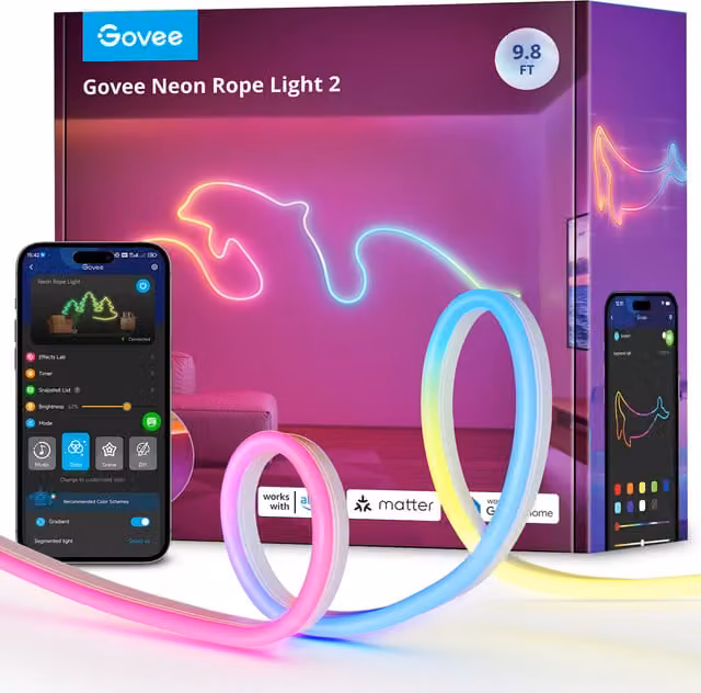 Govee RGBIC Neon Rope Light, Black and Multicolour, Cuttable